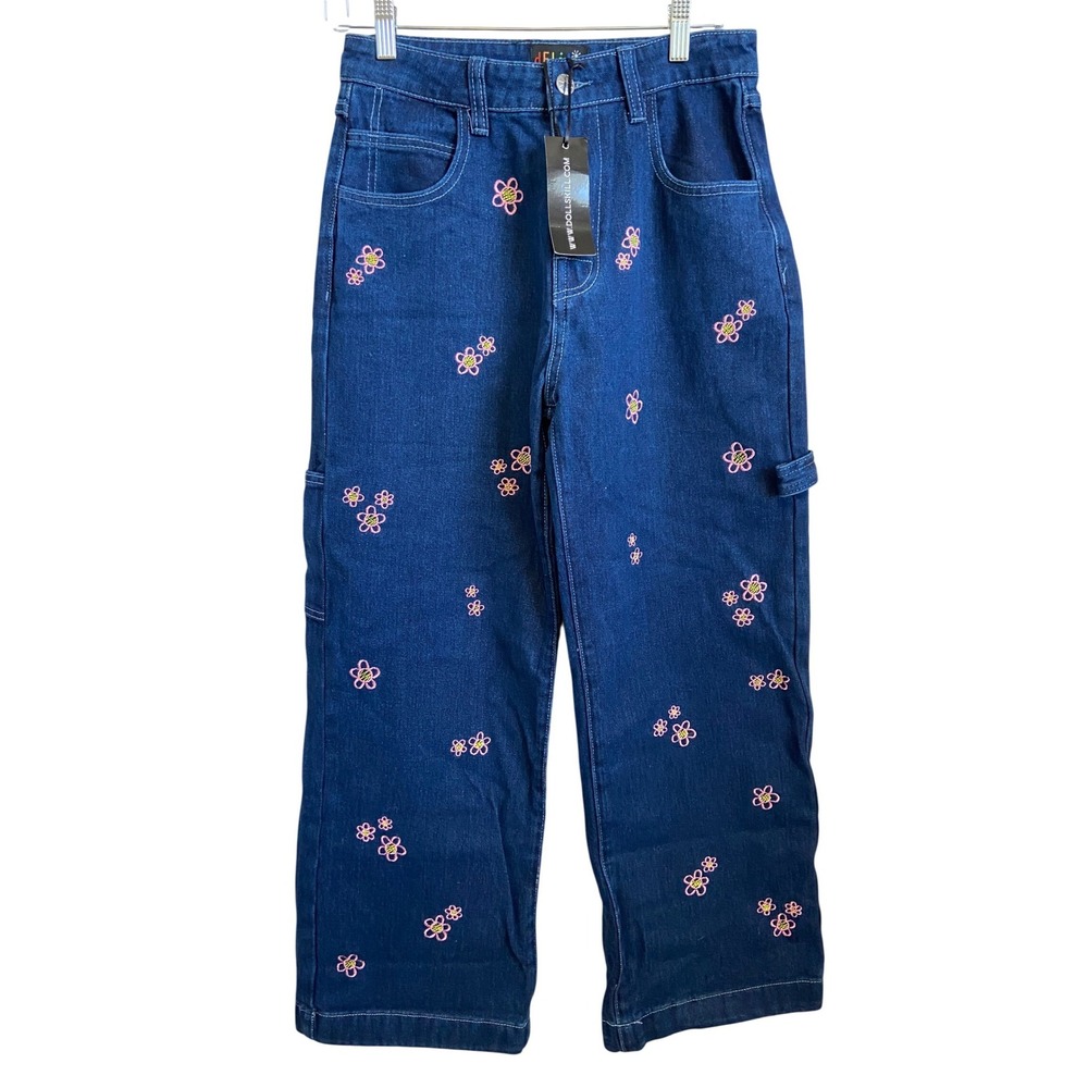 Delias Embroidered Flower Wide Leg Jeans Denim Blue Size Medium‎